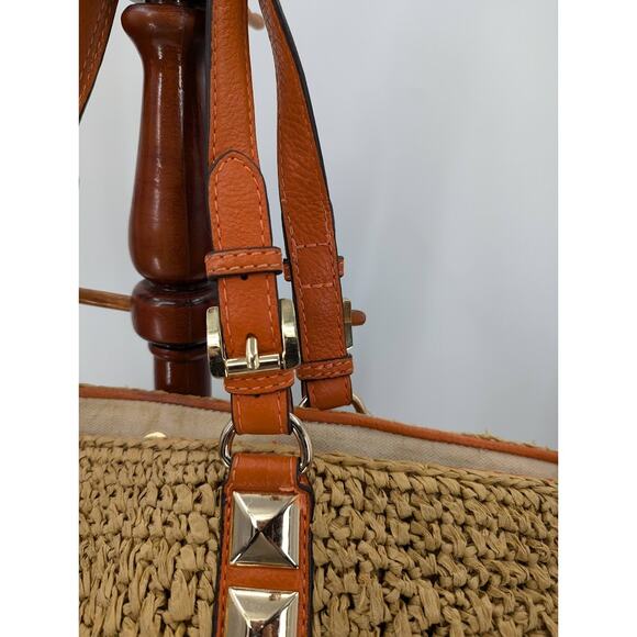 Michael Kors Santorini Large Straw Basket Tote Beach Bag Orange Leather Trim - Picture 10 of 10